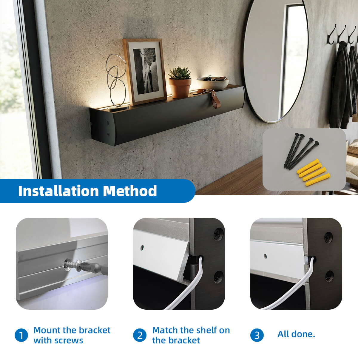 installation led wall shelf