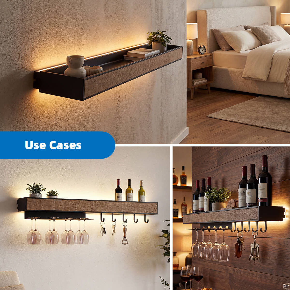 Wood Griain Designed LED Wall Floating Shelf