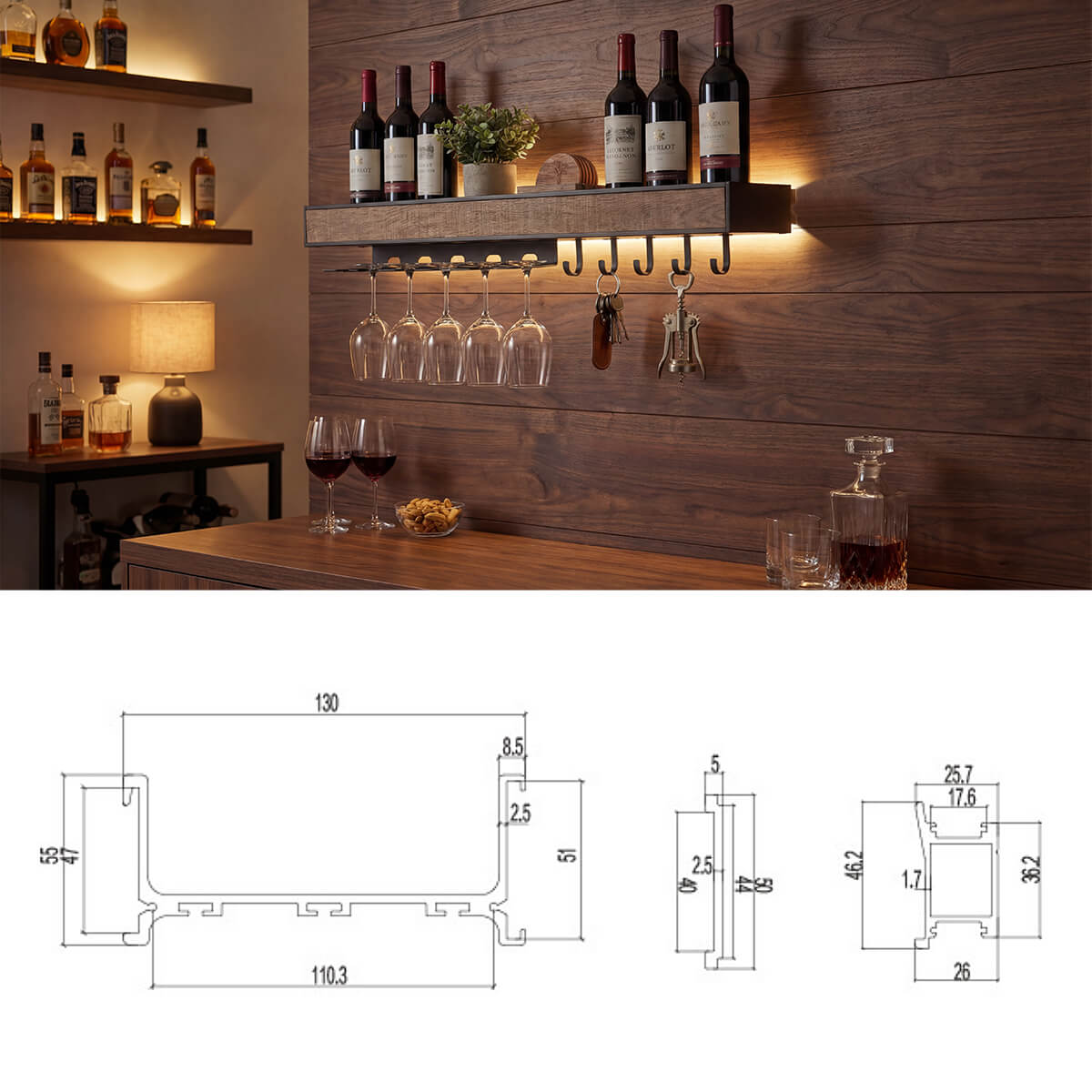 bar counter led wall shelf