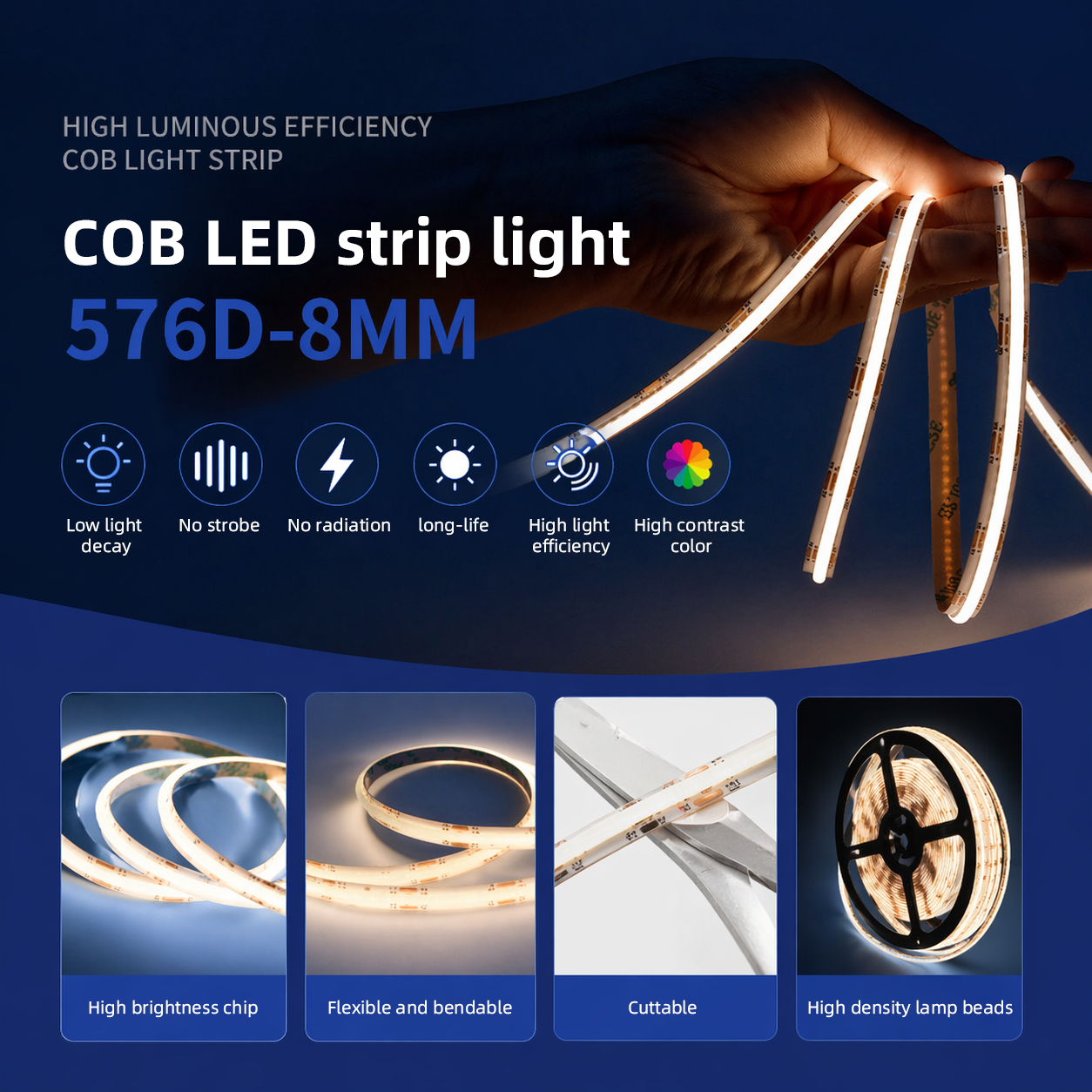 DC24V 10+10W/M 8MM COB LED strip 576D high luminous efficiency and high color rendering dual color temperature soft strip