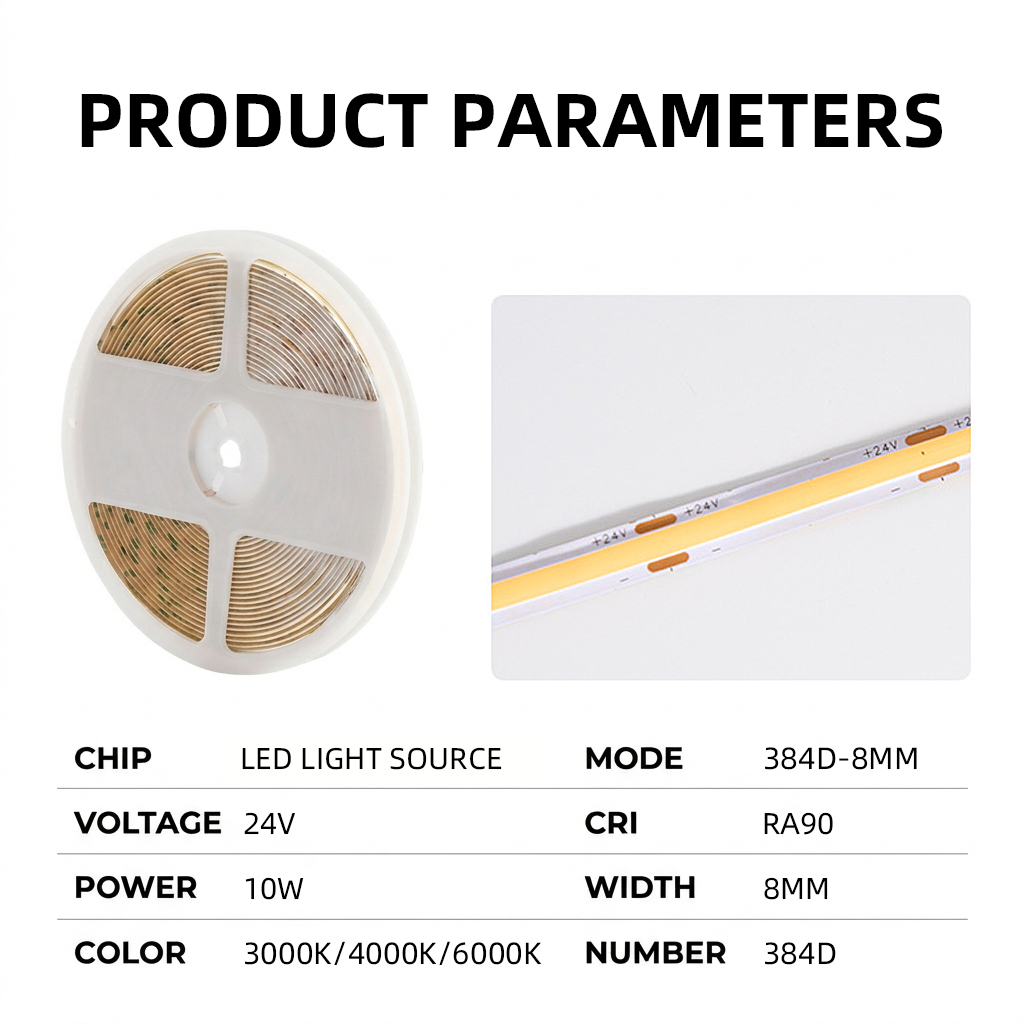 DC24V 10W/M 8MM COB LED Strip 384D High Luminous Efficiency and Color Rendering Soft Strip