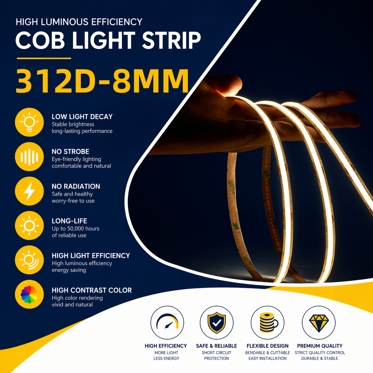 DC24V 10W/M 8MM COB LED Strip 384D High Luminous Efficiency and Color Rendering Soft Strip