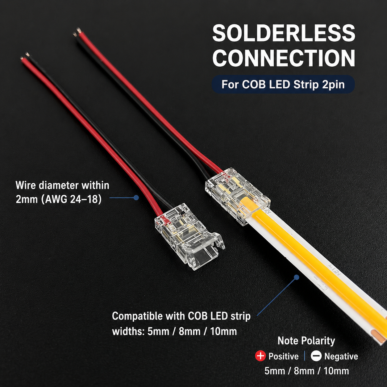 2‑Pin Solderless COB LED Strip Connector 5mm/8mm/10mm  Extension terminal LED strip accessories