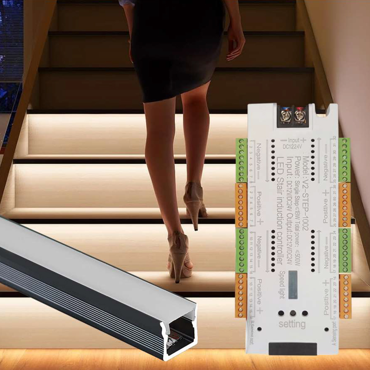 SYP-SL1010-Aluminum Channel Recessed Stair LED Light Sequential Step Light Controller Kit